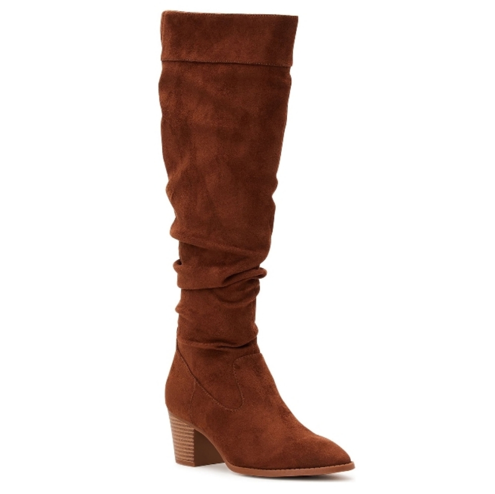 NEW Brown Faux Suede Slouchy Knee High Boots Women Size 11 Block Heel Pointy Toe